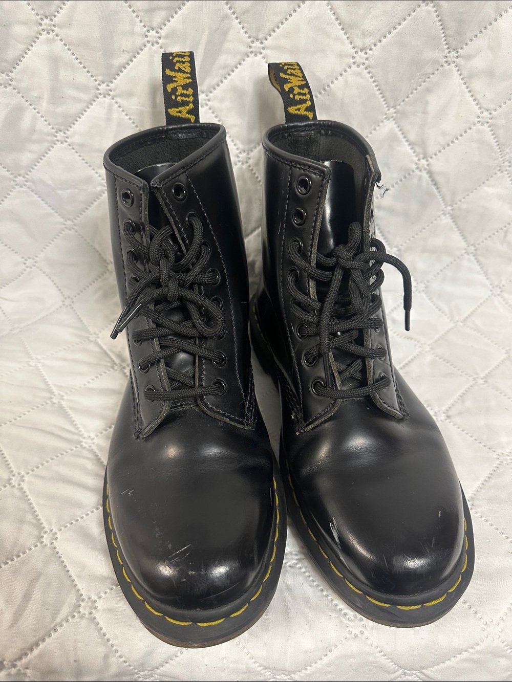 Dr. Martens Black Leather 8-Eye Lace-Up Boots with Yellow Stitching